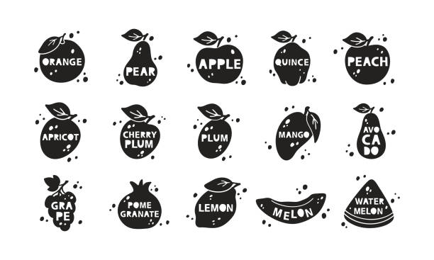 정원 과일, 실루엣 스티커 세트. 사과, 배, 매화, 오렌지, 복숭아, 살구, 망고 - plum stock illustrations