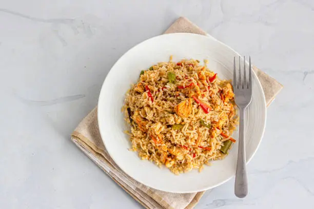 Chinese Chicken Fried Rice Top Down Photo, Asian Food, Comfort Food Photography