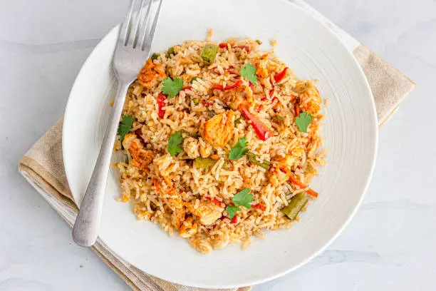 Chinese Chicken Fried Rice Top Down Photo, Asian Food, Comfort Food Photography