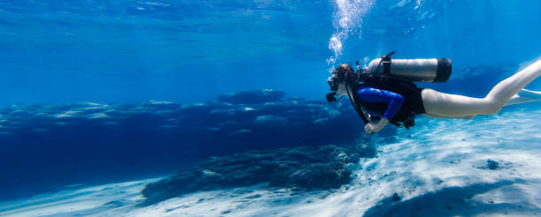 십대 소녀 스쿠버 다이빙 에 맑은 청록색 열대 바다 - 다이빙 경기 뉴스 사진 이미지