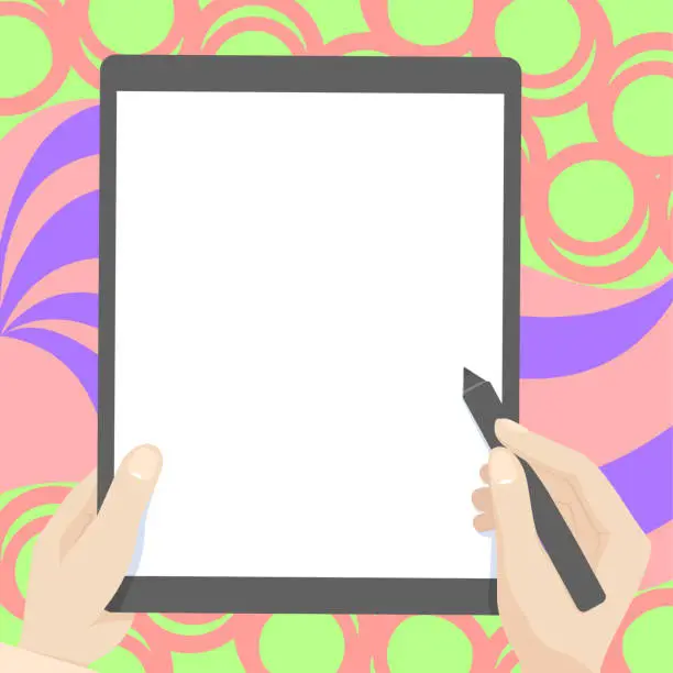 Vector illustration of Drawing Of Both Hands Holding Tablet Lightly Presenting Wonderful Ideas. Pair Palm Drawing Using Big Pad Showing Amazing Modern Automation.