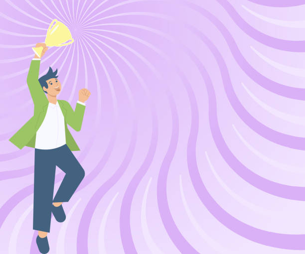 istock Gentleman Jumping Excitedly Holding Trophy Showing Accomplishments. Man Celebrating Displaying Happiness Carrying Prize Representing Success And Improvement. 1373097341