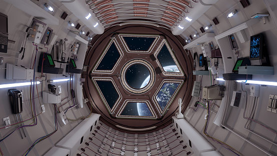 High quality 8k SciFi Spaceship Corridor, shuttle interior based on the cupola space station ISS International space station.window to earth view.footage available on gettyimages video