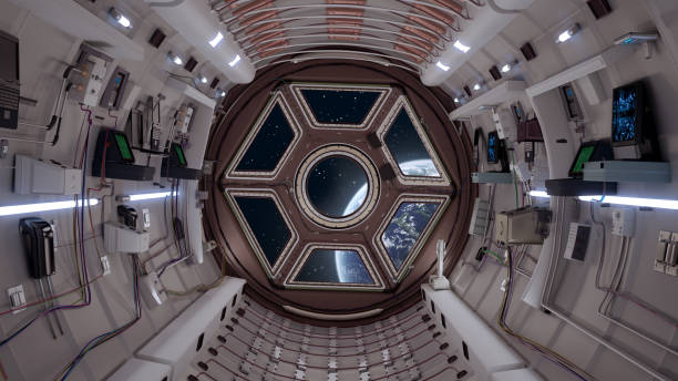 SPACESHIP CABIN 8K High quality 8k SciFi Spaceship Corridor, shuttle interior based on the cupola space station ISS International space station.window to earth view.footage available on gettyimages video international space station photos stock pictures, royalty-free photos & images