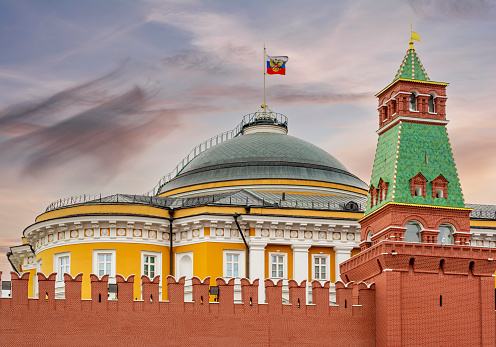 Senatskaya (Senate) tower and Senate palace (residence of Russian president) of Moscow Kremlin, Russia