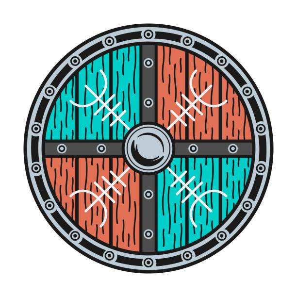 istock Wooden colored round Viking shield with runic symbols and iron border. Vintage vector color illustration, hand drawn. Isolated on white background. Design element for label, tattoo, poster 1373099153