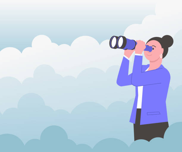 ilustrações de stock, clip art, desenhos animados e ícones de woman surrounded with clouds looking through hand held telescope seeing new opportunities. lady outdoors using binoculars watching into aspirations future goals. - business person the way forward hand held telescope binoculars