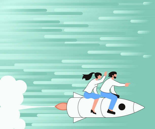 istock Illustration Of Happy Partners Riding On Fast Rocket Ship Exploring The World. Joyfull Couple Drawing Traveling With Rushing Space Craft Touring Space. 1373099313