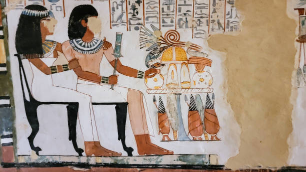 Luxor, Egypt - November 2021: Corridor with ancient Egyptian inscriptions and hieroglyphs in a tomb