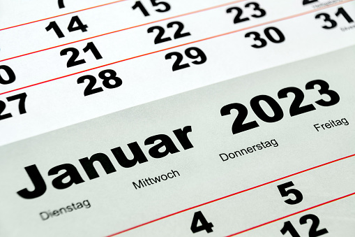 German calendar January 2023 and December 2022 closeup