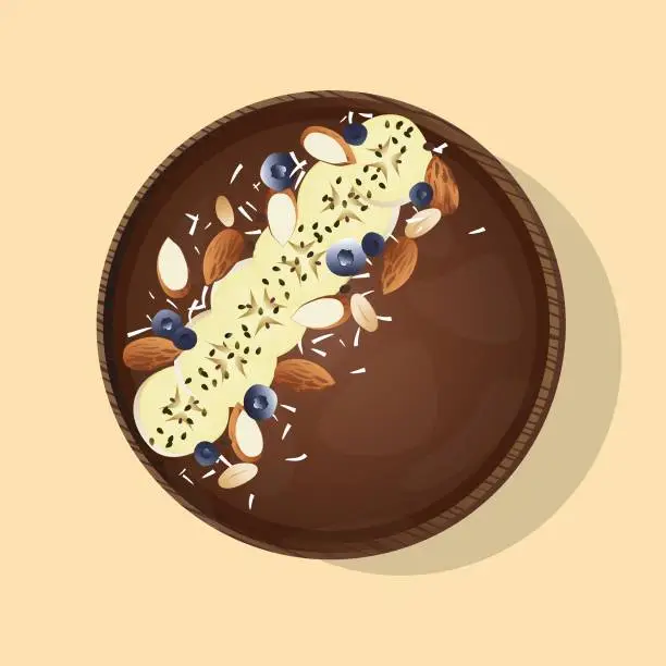 Vector illustration of Chocolate hazelnut smoothie bowl topped with sliced banana, shredded coconut, almond and blueberries