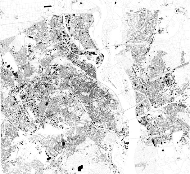 mapa stolicy ukrainy, kijowa. budynki i centrum miasta. widok z lotu ptaka. widok satelitarny. - satellite view illustrations stock illustrations