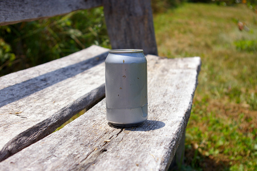 Beverage can placed on a wooden bench. Silver can placed on a bench.