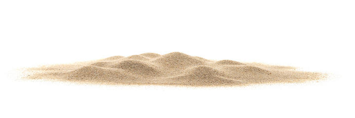 Duna de arena aislada sobre fondo blanco y textura. Apilar arena sobre fondo blanco. photo