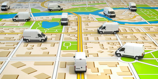 Delivery comercial vans on city map. Fleet of delivery service. stock photo