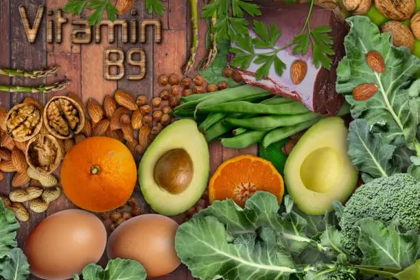 Photo of Foods rich in vitamin B9 (folic acid) as liver, asparagus, broccoli, eggs, banana, avocado, peanut, nuts, spinach, walnuts, strawberry, orange and beans. Top view