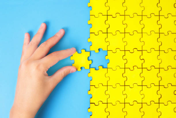 Placing the final piece of a jigsaw puzzle in place Female hand setting in place the final piece of a yellow jigsaw puzzle on a blue background. Unity concept. halved photos stock pictures, royalty-free photos & images