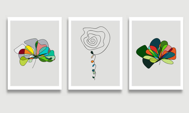 wektor nowoczesna linia plakaty kwiatowe zestaw ręcznie rysowane kolorowe kwiatowe tapety i pocztówki minimalistyczne banery kolekcja tła - paisley textile floral pattern pattern stock illustrations