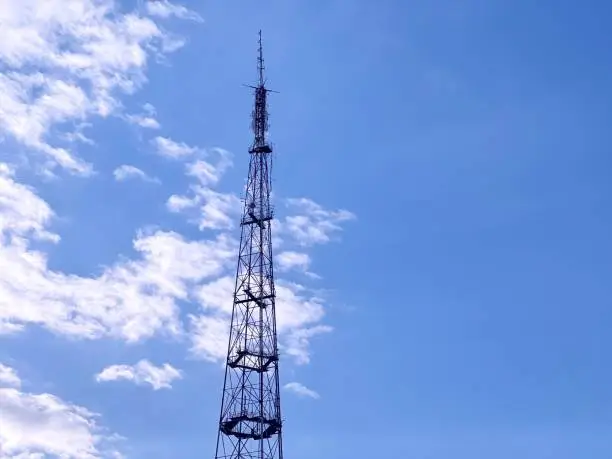 Photo of Radio tower. FM broadcasting is carried out from the tower, cellular and radio relay communications, professional, departmental, and special radio communications are provided.