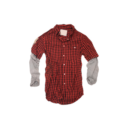 A red and black checkered lumberjack shirt -- referred to as a 'twofer' because of the long-sleeve tee shirt sewn in -- isolated on a white background.