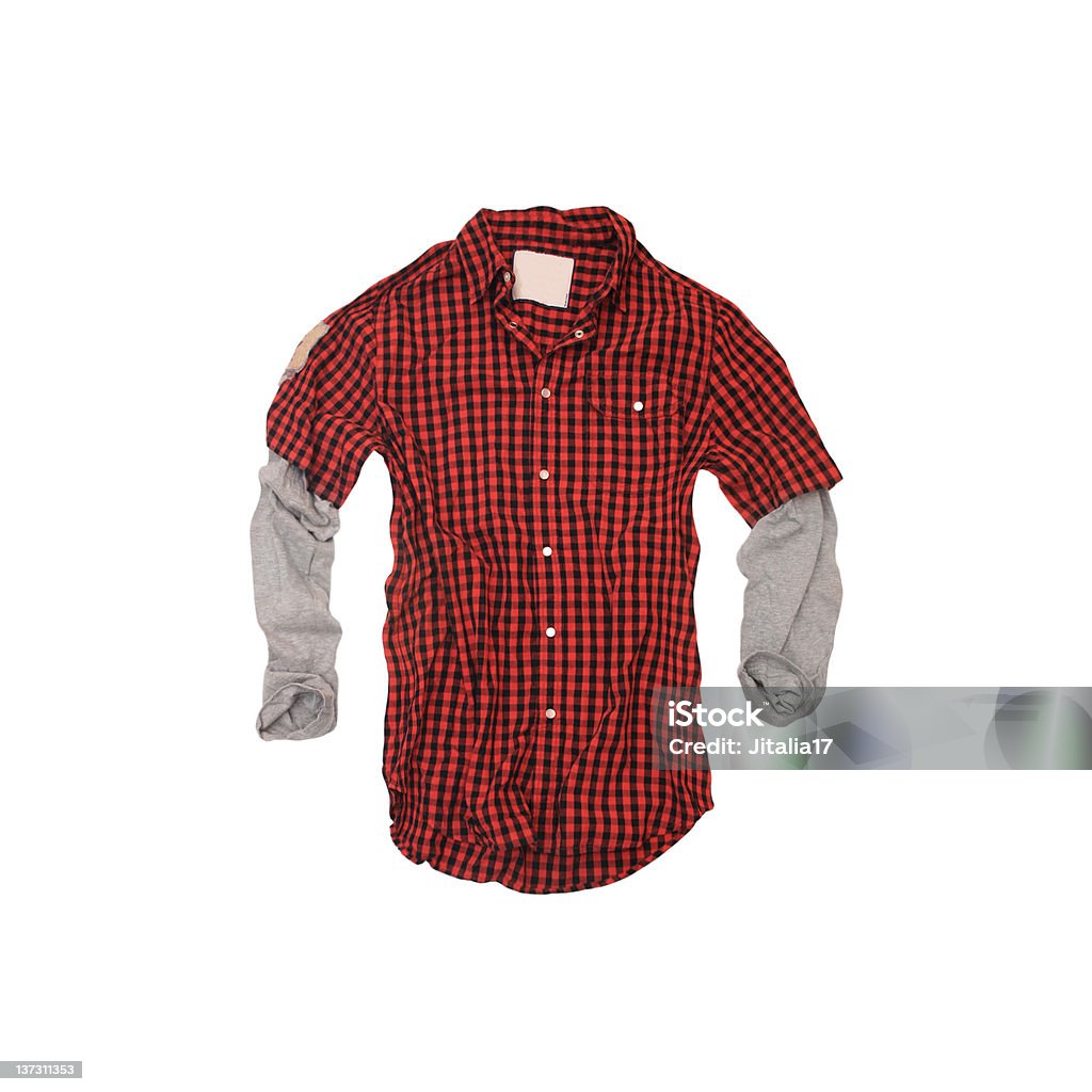 Red Checkered 'Twofer' Shirt on White Background A red and black checkered lumberjack shirt -- referred to as a 'twofer' because of the long-sleeve tee shirt sewn in -- isolated on a white background. Plaid Shirt Stock Photo