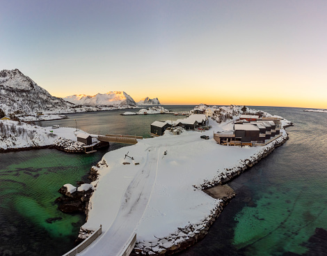 aerial view of village Hamn on Senja island in Norway on a clear cold winter day
