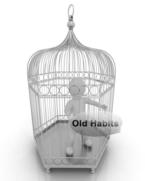 istock Old habits and adicction concept. Abstract white man in cage. 3D illustration 1373120074