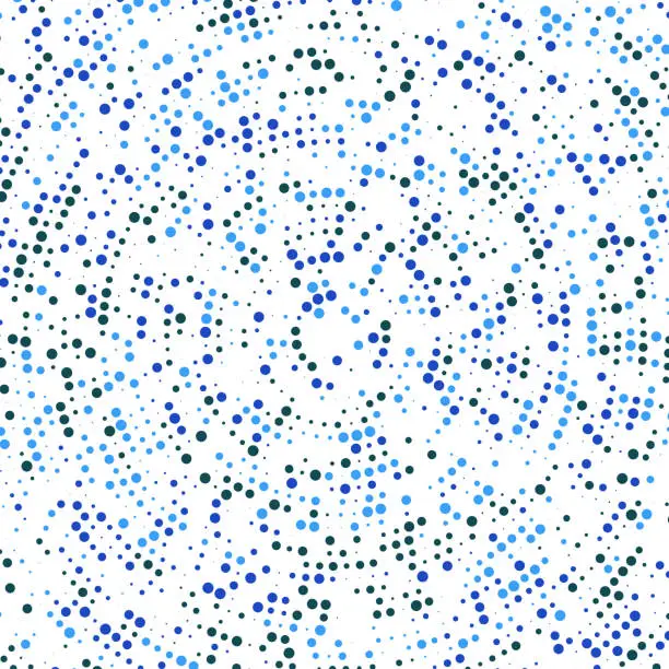 Vector illustration of Randomly sized orbital dots in concentric circles. Sticky colors in shades of blue