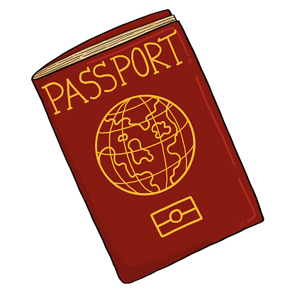 red leather cover passport in cartoon hand drawn style. passport isolated on background with clipping path. personal identification for entry to global countries.