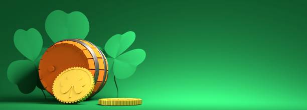istock St. Patricks Day greeting card template. Shamrock leafs, golden coins and beer barrel. 3D render 1373124630