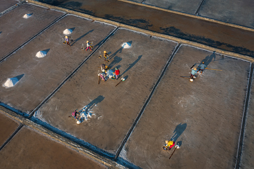 Drone view of workers collecting salt on salt field with shadows on Hon Khoi salt field, Ninh Diem town, Khanh Hoa province, central Vietnam