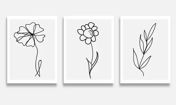 Vector illustration of Vector botanical wall drawing line plant flower handmade pattern banner illustration background