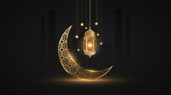 Ramadan Kareem month with glowing lantern on the background of the old city with mosque. Abstract golden moon with islamic ornament. Eid Mubarak. Holy month for fasting Muslims