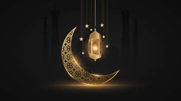 Vector illustration of Ramadan Kareem month with glowing lantern on the background of the old city with mosque. Abstract golden moon with islamic ornament. Eid Mubarak. Holy month for fasting Muslims