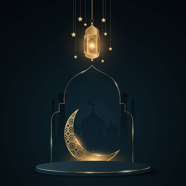 ramadan kareem podium. świecąca latarnia na tle starego miasta i meczetu. islamska tradycyjna rama. luksusowy złoty księżyc z islamskim ornamentem. eid mubarak - city of post stock illustrations