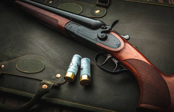 istock Classic trigger double-barreled hunting rifle on a green background. Smooth-bore hunting rifle open for reloading. Concept postcards for hunters. 1373129372