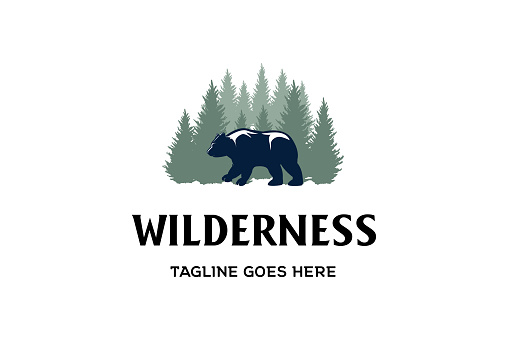 Ice Polar Bear with Pine Cedar Spruce Conifer Cypress Larch Fir Trees Forest for Outdoor Adventure Logo Design Vector