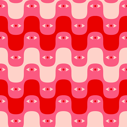 Retro Groovy 1960s Inspired Pattern Design. Geometric Psychedelic Seamless Repeat With Wavy Lines And Eyes.