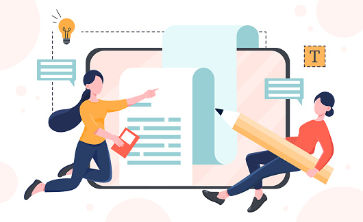 Team of copywriters concept. Man and girl write article, filling sites. Modern technologies and earnings on Internet. Team of freelancers or SEO specialists. Cartoon flat vector illustration