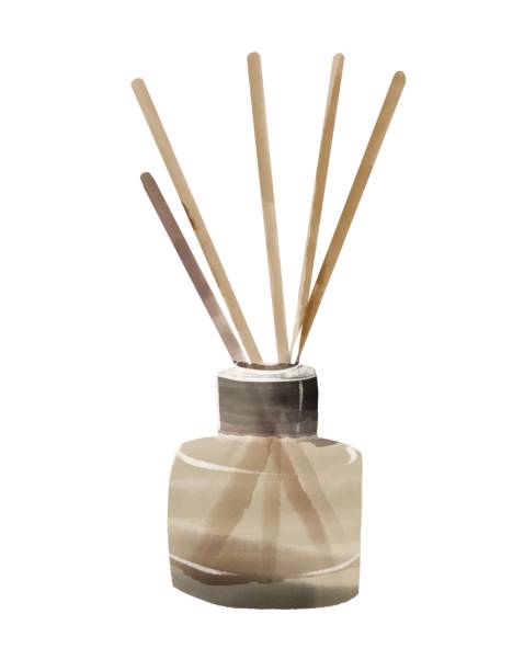 Aroma parfume sticks smell wood aromatherapy watercolor Aroma parfume sticks smell wood aromatherapy illustration Bottle home fragrance stock illustrations