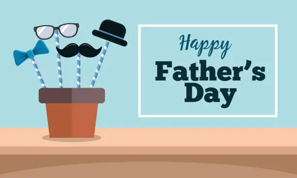 Vector illustration of Happy father's day greeting card with maoustache, hat, eye glasses and tie in flat design