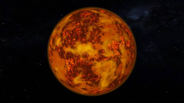istock Alien volcanic planet in deep space. Stars clouds and the atmosphere 1373138320