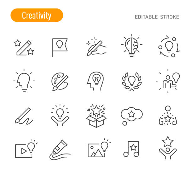 ilustrações de stock, clip art, desenhos animados e ícones de creativity icons set - line series - editable stroke stock illustration - box thinking creativity inspiration