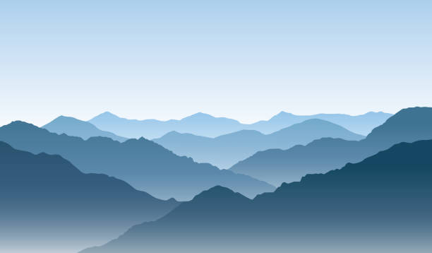 ilustraciones, imágenes clip art, dibujos animados e iconos de stock de paisaje de montaña azul vectorial con siluetas de colinas y picos - montaña