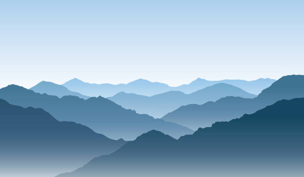 ilustrações, clipart, desenhos animados e ícones de paisagem de montanha azul vetor com silhuetas de colinas e picos - mountain range