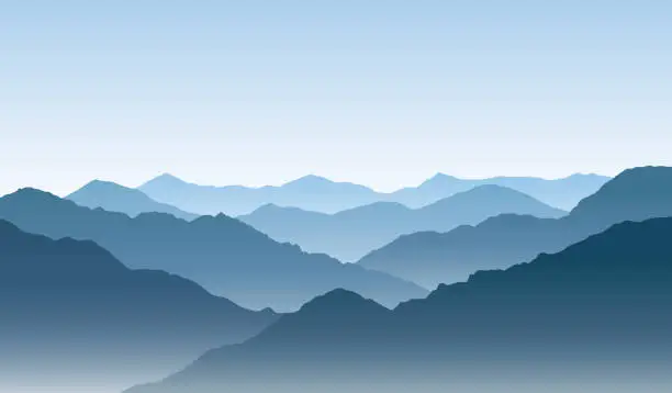 Vector illustration of Vector blue mountain landscape with silhouettes of hills and peaks