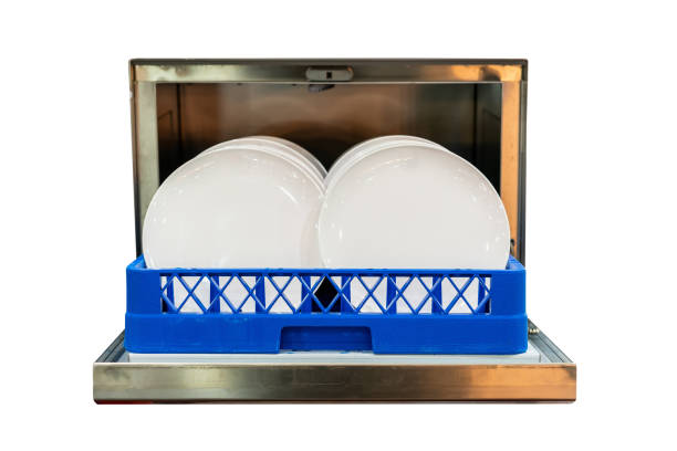 istock white plate on basket after wash in open automatic dishwasher machine for industrial isolated on white background (front view) with clipping path 1373141220