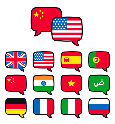 Languages speech bubble icons. Vector country flags set in cartoon style. Translation, communication and international dialogue.