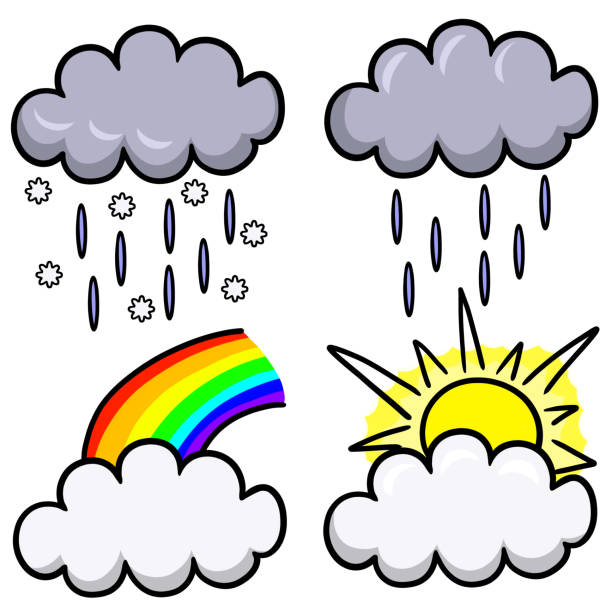 ilustraciones, imágenes clip art, dibujos animados e iconos de stock de un conjunto de imágenes con condiciones climáticas y nubes con diversos fenómenos naturales, un arco iris y el sol - rainbow multi colored sun sunlight