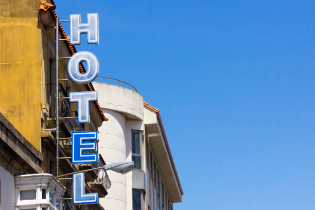 istock Hotel sign and facade, clear sky ,  Galicia, Spain. 1373142365